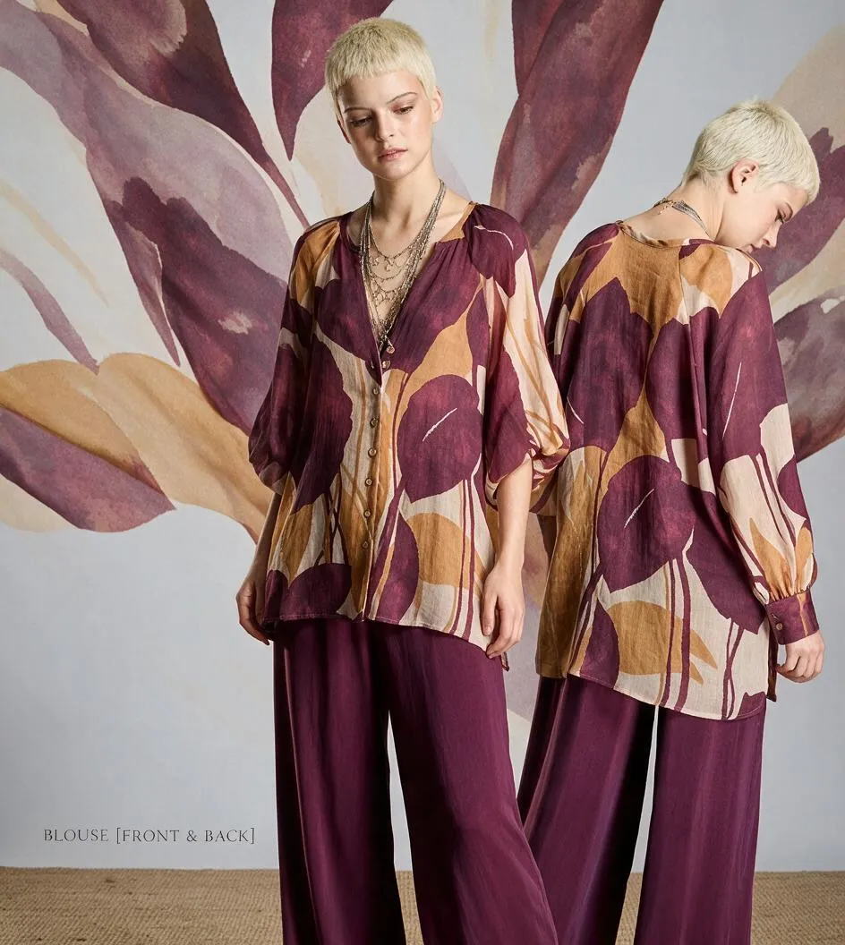 Blusa con estampado floral morado y mostaza — Flaviano Moda